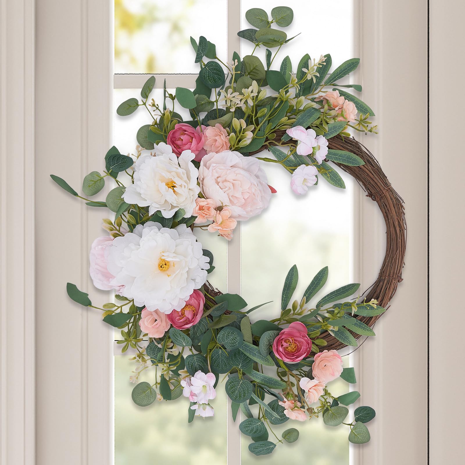 Photo 1 of Spring Peony Roses Wreaths for Front Door, 20-22" Spring Wreaths Half Circle with Hook, Artificial Rose White Flower Eucalyptus Leaves for All Seasons Wall Home Décor