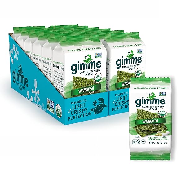 GIMME SEAWEED – WASABI – 12 COUNT – ORGANIC ROASTED SEAWEED SHEETS – KETO, VEGAN, GLUTEN FREE – GREAT SOURCE OF IODINE & OMEGA 3’S – HEALTHY ON-THE-GO SNACK FOR KIDS & ADULTS