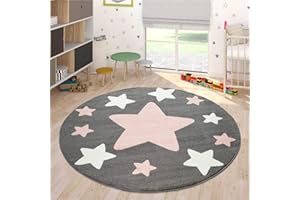 PACO HOME Rug for Kids Room & Nursery Starry Sky Star Pattern Playroom in Dark Gray Pink White, Size: 3'11" Round