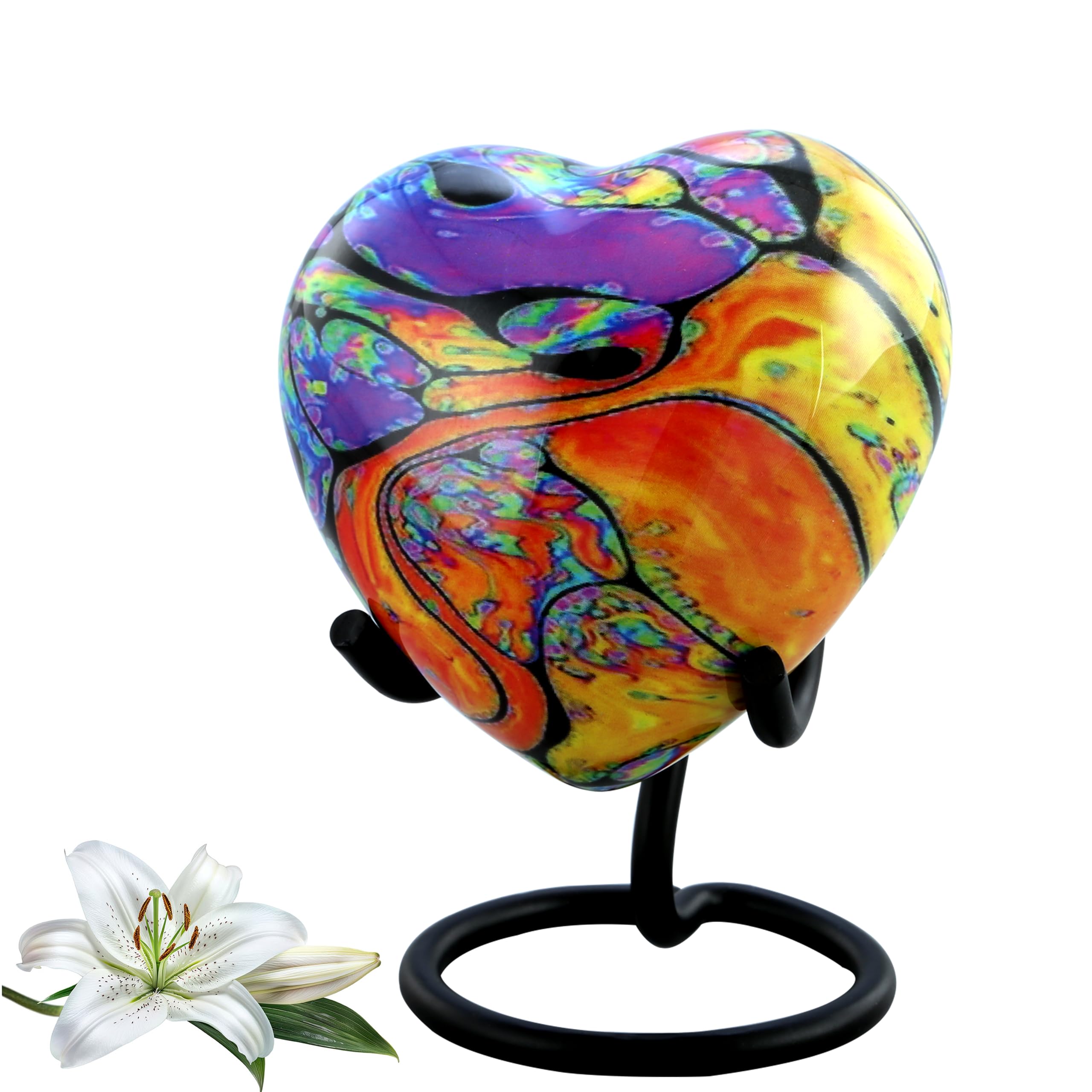 Modern Print Heart Keepsake Urn - Colorful Heart Cremation Urn for Ashes - Handcrafted Tie Dye Heart Urn - Funeral and Memorial Sharing Heart Urn with Stand, Velvet Case & Bag (Heart Keepsake) — image 1