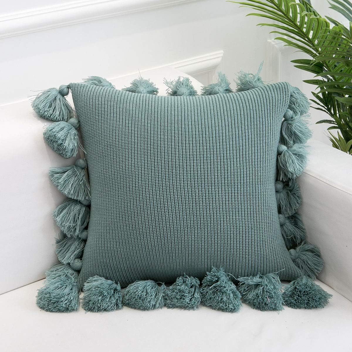 famibay Knitted Throw Cover Square Bohemian Knitting Throw Pillow Cases with Handmade Pom Poms for Sofa Bed Couch Living Room Office 18” x 18” Green