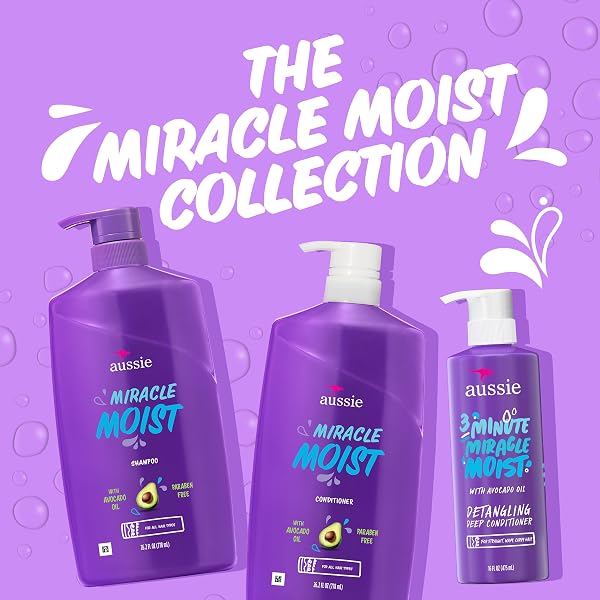 AUSSIE MIRACLE MOIST SHAMPOO AND CONDITIONER WITH 3 MINUTE MIRACLE DEEP CONDITIONER, AVOCADO & JOJOBA OIL, PARABEN-FREE, MOISTURIZES & DETANGLES, ALL HAIR TYPES, CITRUS FLORAL SCENT, 3 PACK 68.4 FL OZ
