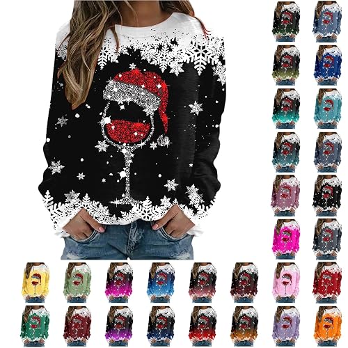 DUHGBNE x mas jumper women Plus Size Christmas Jumpers for Women Uk Crew Neck Long Sleeve Wine Glasses Print Christmas Sweatshirt Comdy Warm Xmas jumper