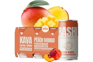 Bashi - Kava Drink Experience - Natural Relaxation & Stress Relief - Plant-Based Kava Extract - Non-Alcoholic, Caffeine Free - Peach Mango 8oz - 6 Pack