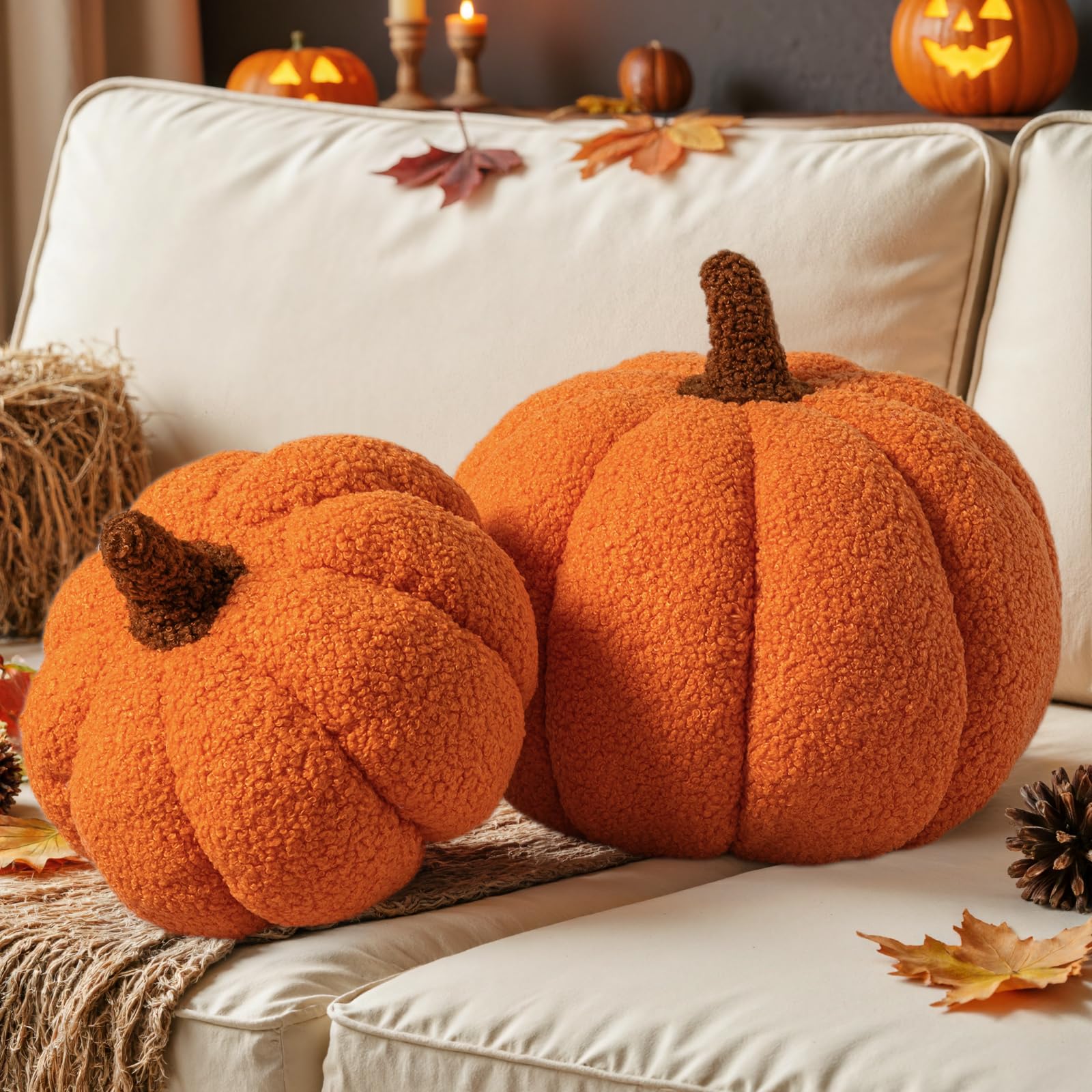 Photo 1 of Lanpn Fall Pumpkin Pillows Set of 2, Halloween Decoration Plush Throw Pillows Soft Fleece Sherpa Cute 3D Shaped Cushion for Sofa Couch Bedroom Autumn Thanksgiving (Orange, 12.6x8.7in & 9x5.9in)