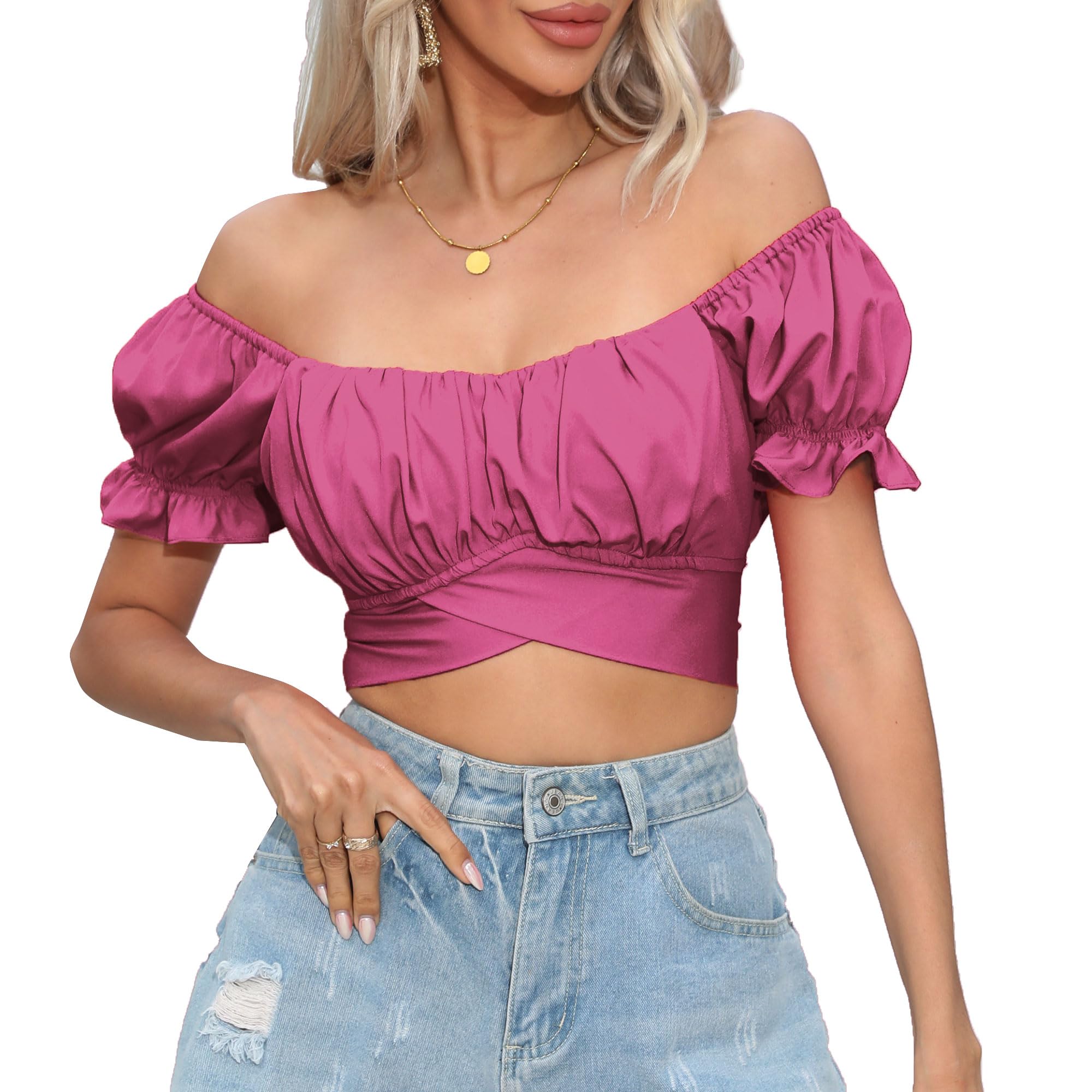 COOUFE Women's Crop Tops Ruffle Short Sleeve Tie