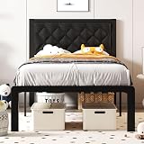 Fluest Twin Bed Frame with Headboard PU Leather Upholstered Bed Frame Platform,All Metal Slats Support Platform Bed Frame with Storage Space,Easy Assembly,Noise Free,No Box Spring Needed,Black