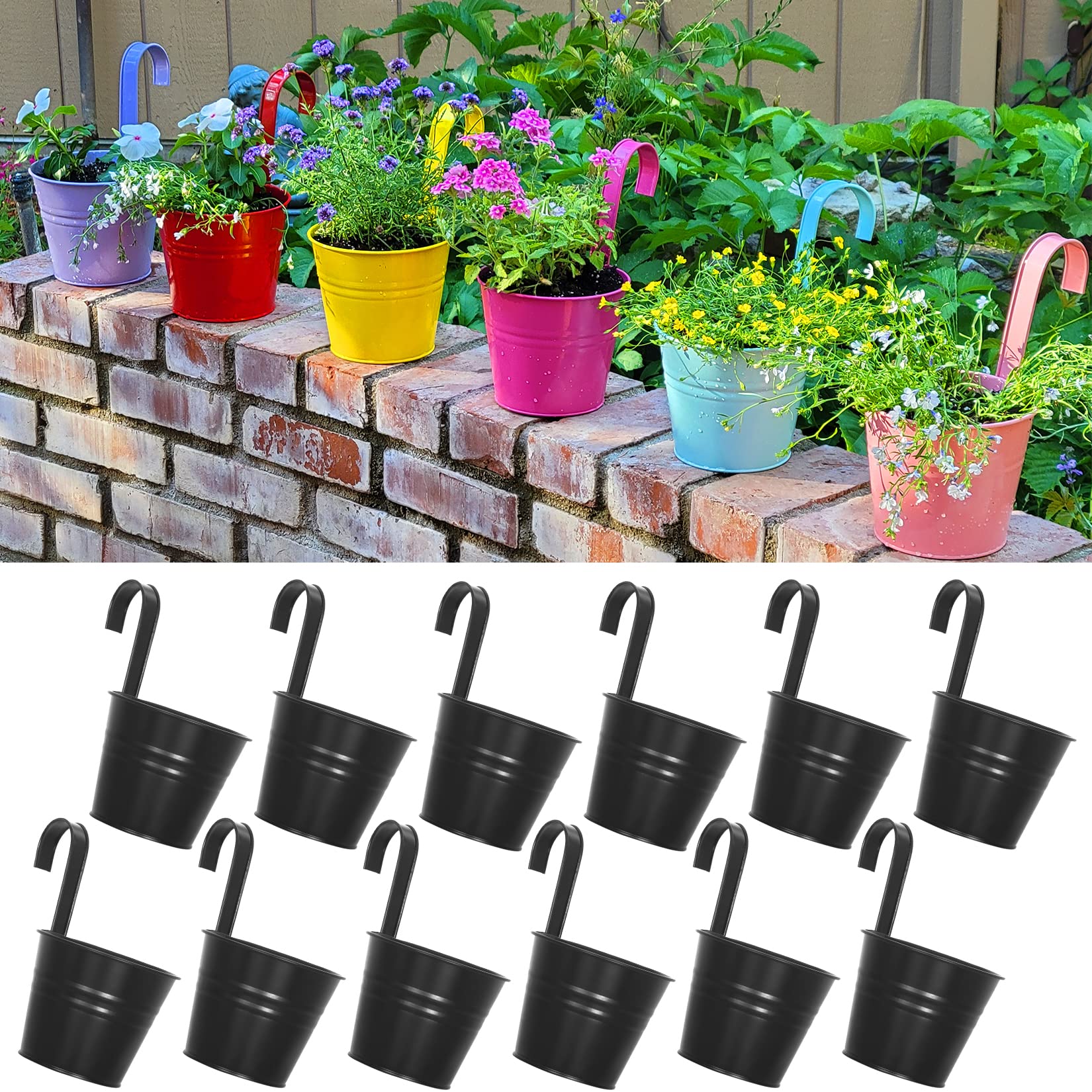 13cm Hanging Plant Pots with Drainage Hole Set of 12, Large Metal Hanging Planters with Detachable Hook Garden Flower Vase Bucket Indoor/Outdoor for Balcony Railing Fence Home Decor, Black