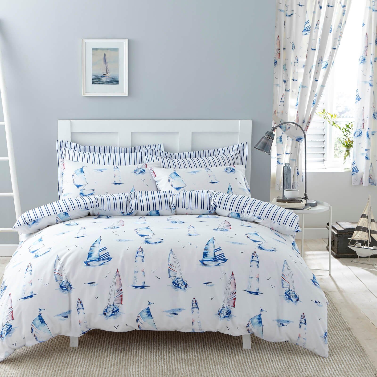 HLS Bedding Modern Charlotte Thomas Salcombe Standard Housewife Pillowcase Pair, White/Blue - 50 x 75cm