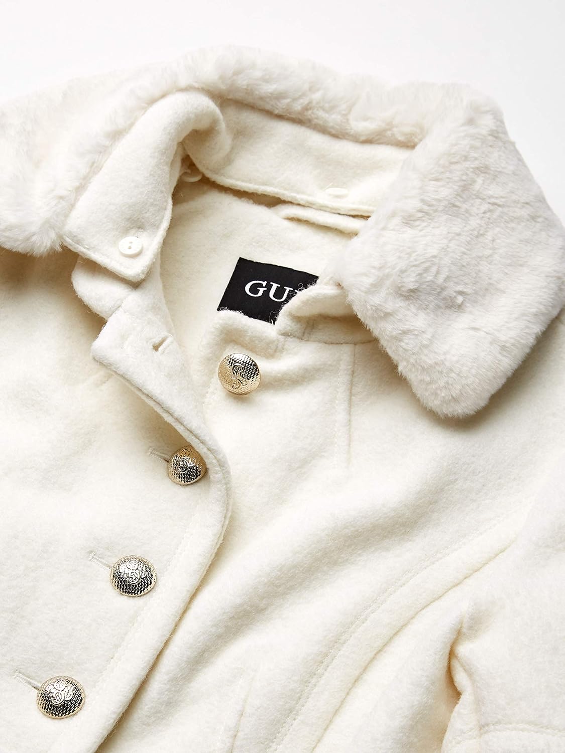 GUESS Women's Removable Faux Fur Collar Boiled Wool Coat: Clothing