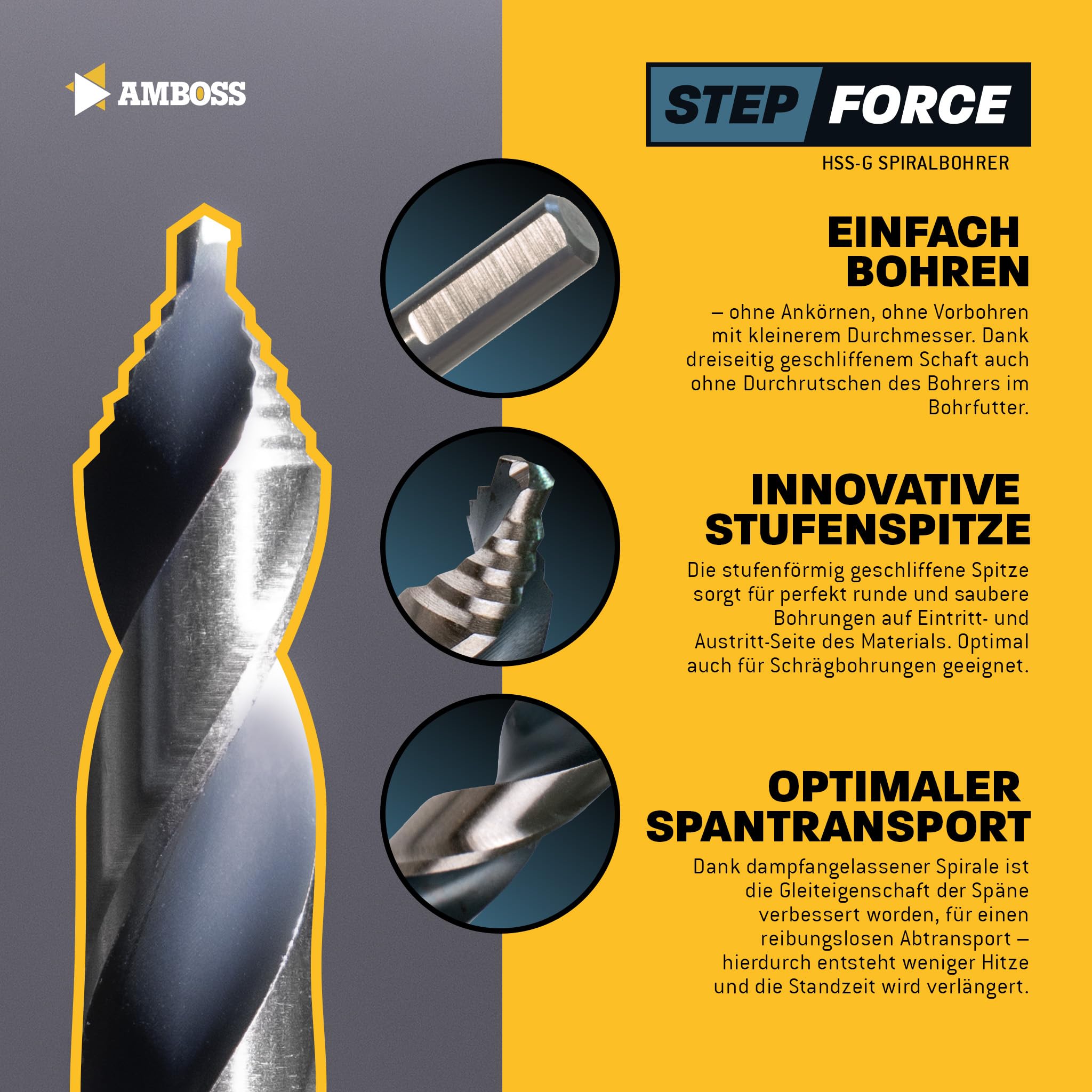 Spiralbohrer Step Force 5tlg. SET Ø4-10 mm - HSS-G DIN 338 für Stahl, Baustahl, Alu, Buntmetalle AMBOSS WERKZEUGE® Bohrer Bleche, Profile - Sechskant f. Bohrmaschine, Akkubohrer, Standbohrmaschine 3