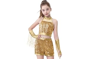 LOLANTA Girls Sequin Dance Outfit Crop Sequin Top Metallic Shorts with Tassel Arm Sleeves 5-13 Years Recital Costumes