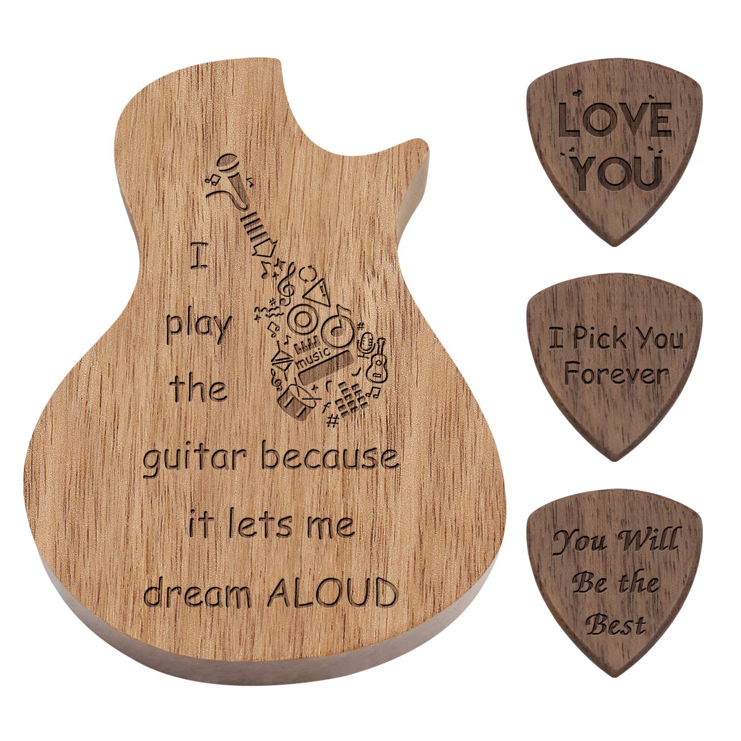 Engraved Wooden Guitar Pick Box with 3 Compartments and 3 Picks