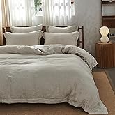 Simple&Opulence 100% Washed Linen Duvet Cover with Embroidered, 3 Pieces Soft Farmhouse Comforter Set with Button Closure, 1 Duvet Cover and 2 Pillowshams(Full,Natural Linen)
