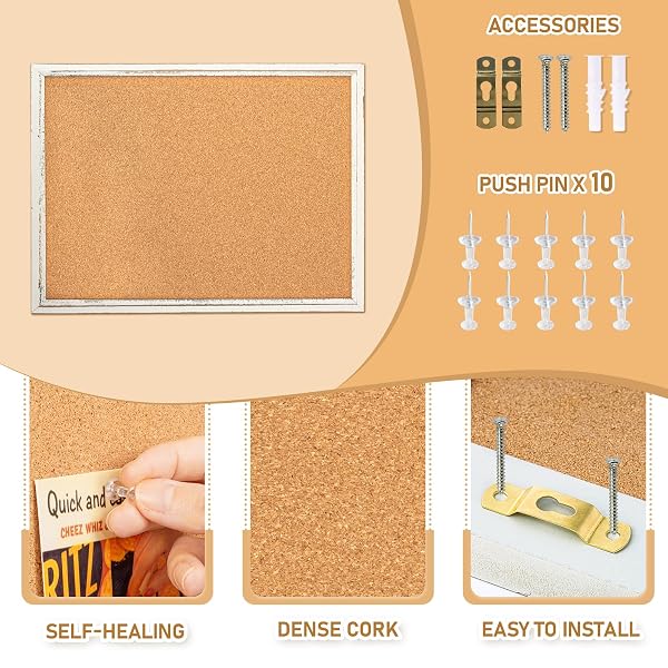 DOLLAR BOSS WHITE CORK BOARD FOR WALL – 24 X 18 INCHES, RUSTIC WOODEN FRAME BULLETIN BOARD, DECORATIVE HANGING PIN BOARD FOR OFFICE & HOME DECOR
