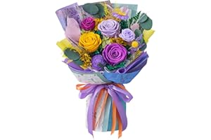 Mosstory Preserved Roses Bouquet - Fresh Flowers for Graduation, Anniversary, Birthday - Gift for Women, Wife (Purple Yellow Roses)