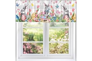 Cochpriet Easter Valance Curtain for Kitchen 18"X54" Buny Pink Tulip Easter Decoration for The Home, Valance Kitchen Curtain for Living Room Bedroom Scroll, Gray Plaid Rod Pocket Window Treatment