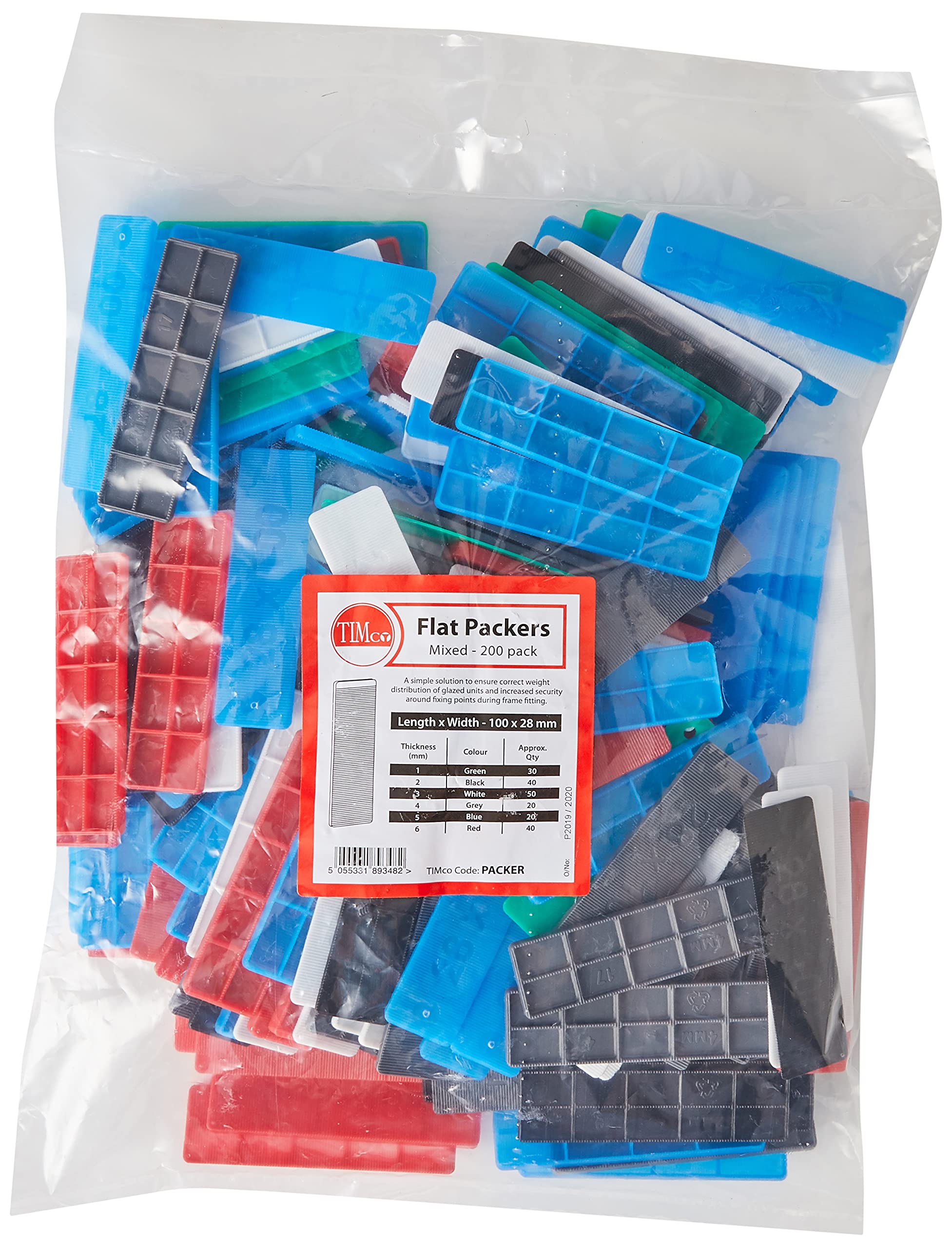 TIMCO Assorted Packers - Assorted colours - Colourful spacers, shims, plastic packers - 28mm 100 x 28 - Bag of 200
