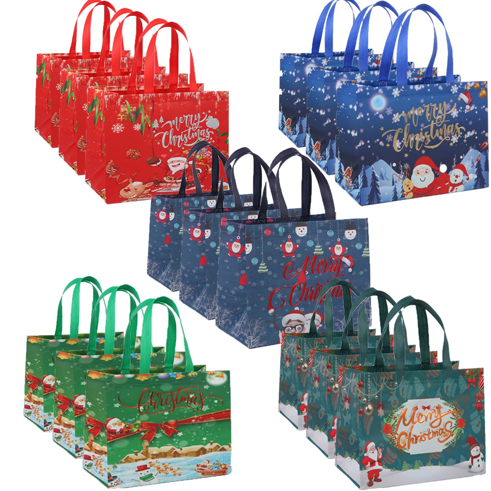 15 Pack Christmas Tote Bags Mix Color Set, Reusable Tote Bag With Handle, Christmas Fashionable Bag Foldable Water Resistant Gift Shopping Bag for Xmas Party