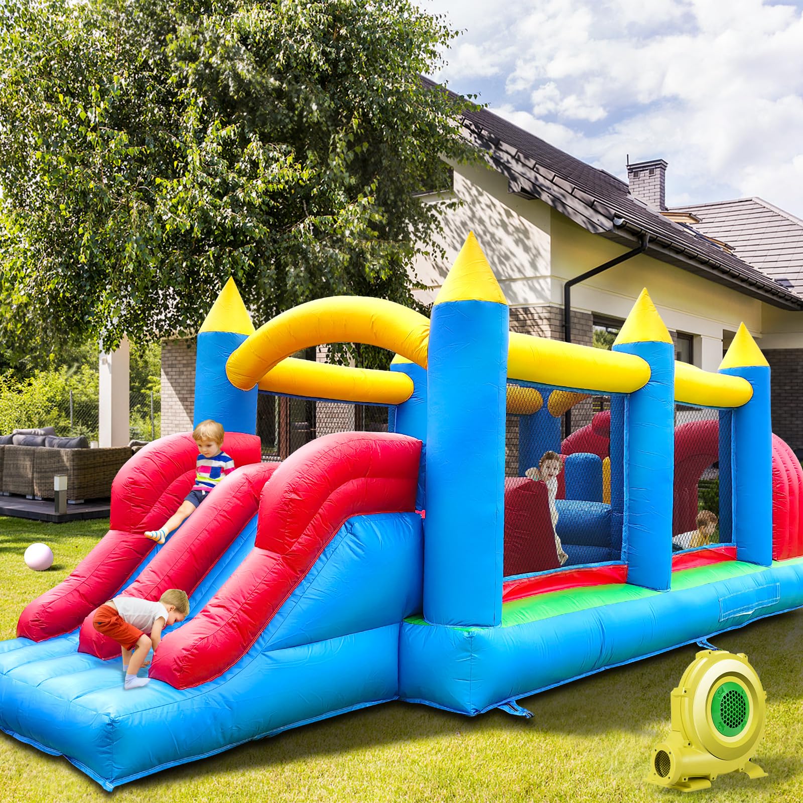 Photo 1 of **************HAS A LARGE TEAR THAT NEEDS TO BE PATCHED****************
Commercial Bounce House for Big Kids,(100% PVC) 24FT(L) Inflatable Obstacle Course Bounce House for Adult with 1100W Blower,Dual Racing Slides,Climbing,Obstacles Great for Backyard La