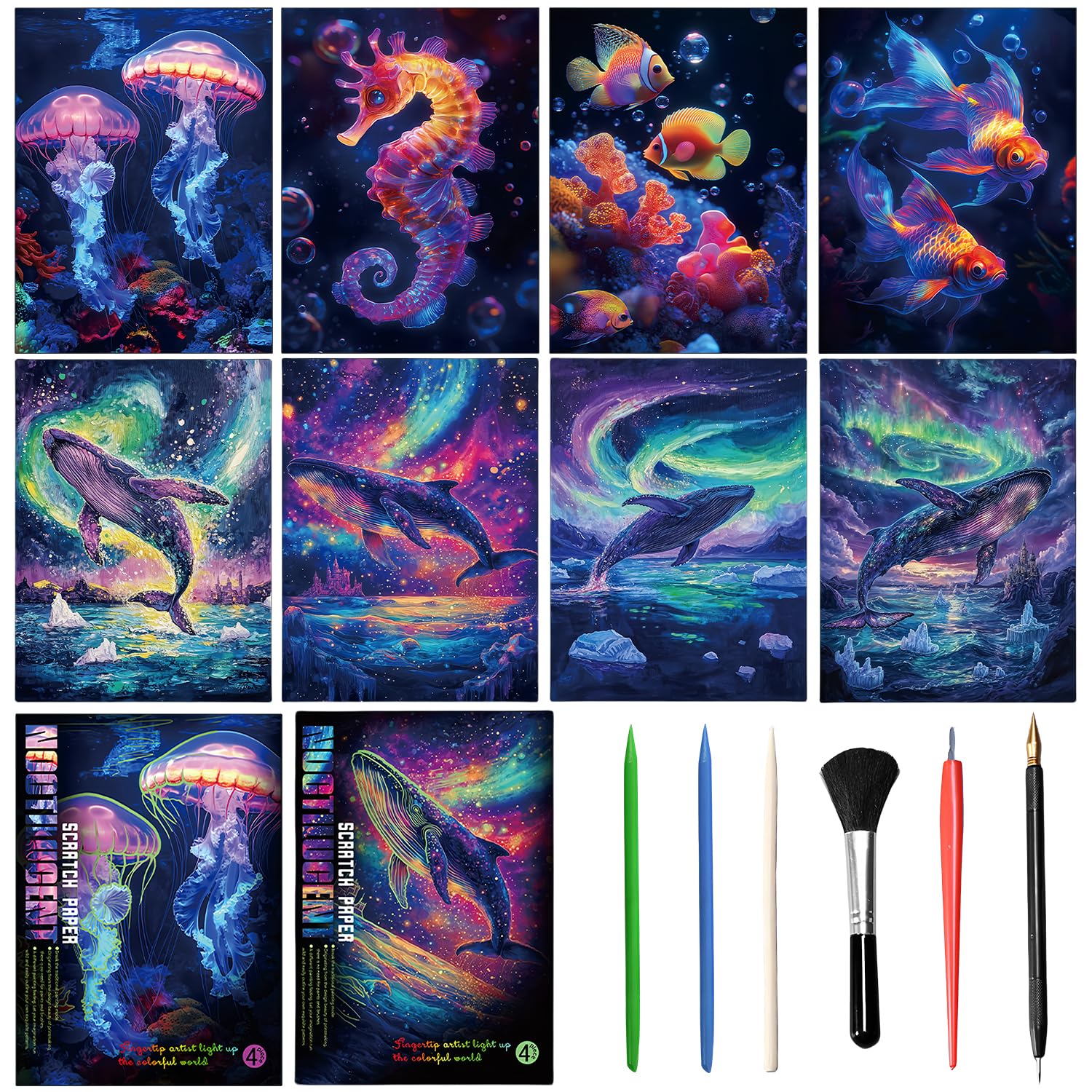 VLYX 8 Piece Scratch Art for Adults & Kids, Foil Art for Adults with Tools, Ocean Series (A4 Size)