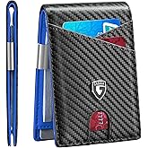 GSOIAX Slim Leather RFID Bifold Wallet for Men Minimalist Front Pocket Wallet with Money Clip,12 Card Slots,ID Window,Cool Groove Design,Includes Gift Box (Carbon blue)