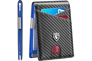 GSOIAX Slim Leather RFID Bifold Wallet for Men Minimalist Front Pocket Wallet with Money Clip,12 Card Slots,ID Window,Cool Groove Design,Includes Gift Box(Carbon blue)