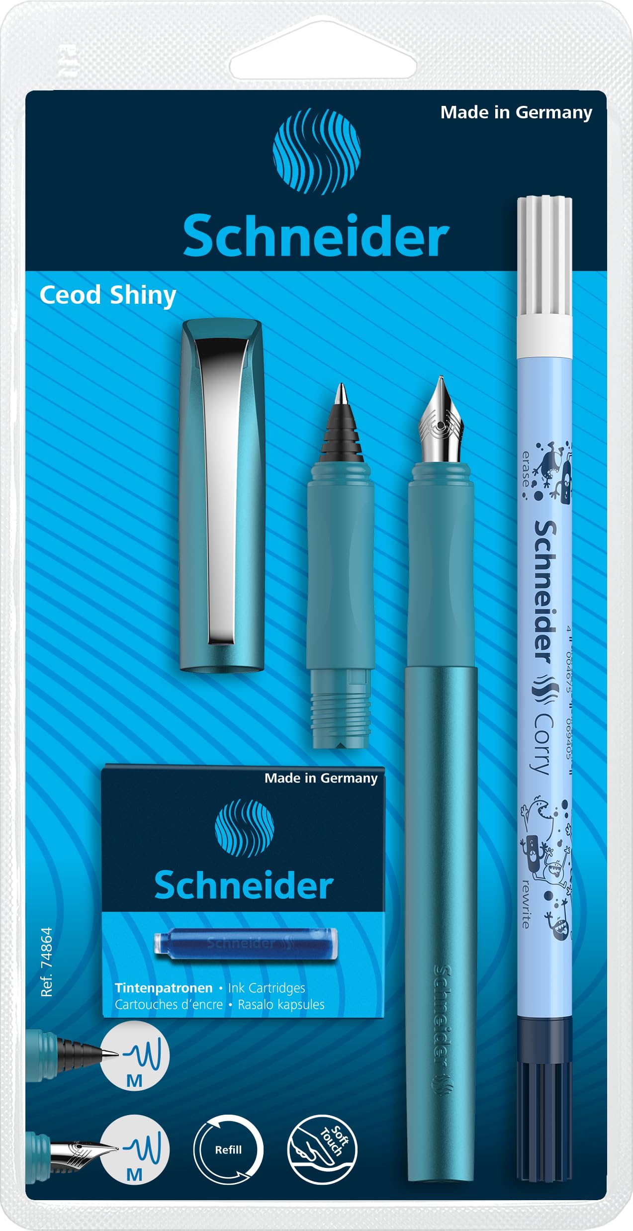 Schneider Ceod Shiny 74864 Writing Set with Fountain Pen, Rollerball Pen, Ink Killer (Right and Left-Handed Users, M Nib, Includes Ink Cartridges Royal Blue) Teal