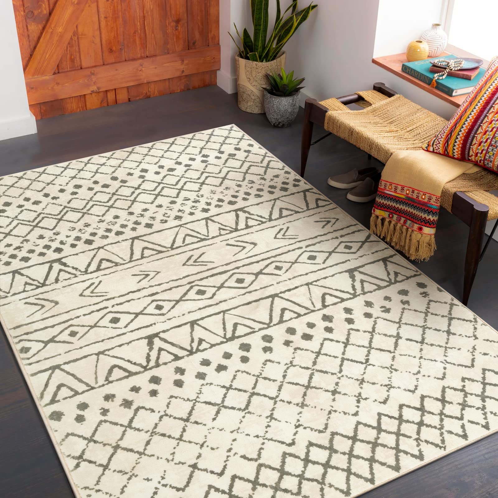 Carvapet Hallway Runner Rug 90x150cm Non Slip Long Kitchen Mat Washable Area Rug Soft Microfiber Geometric Tribal Floor Carpet Runner(Beige)