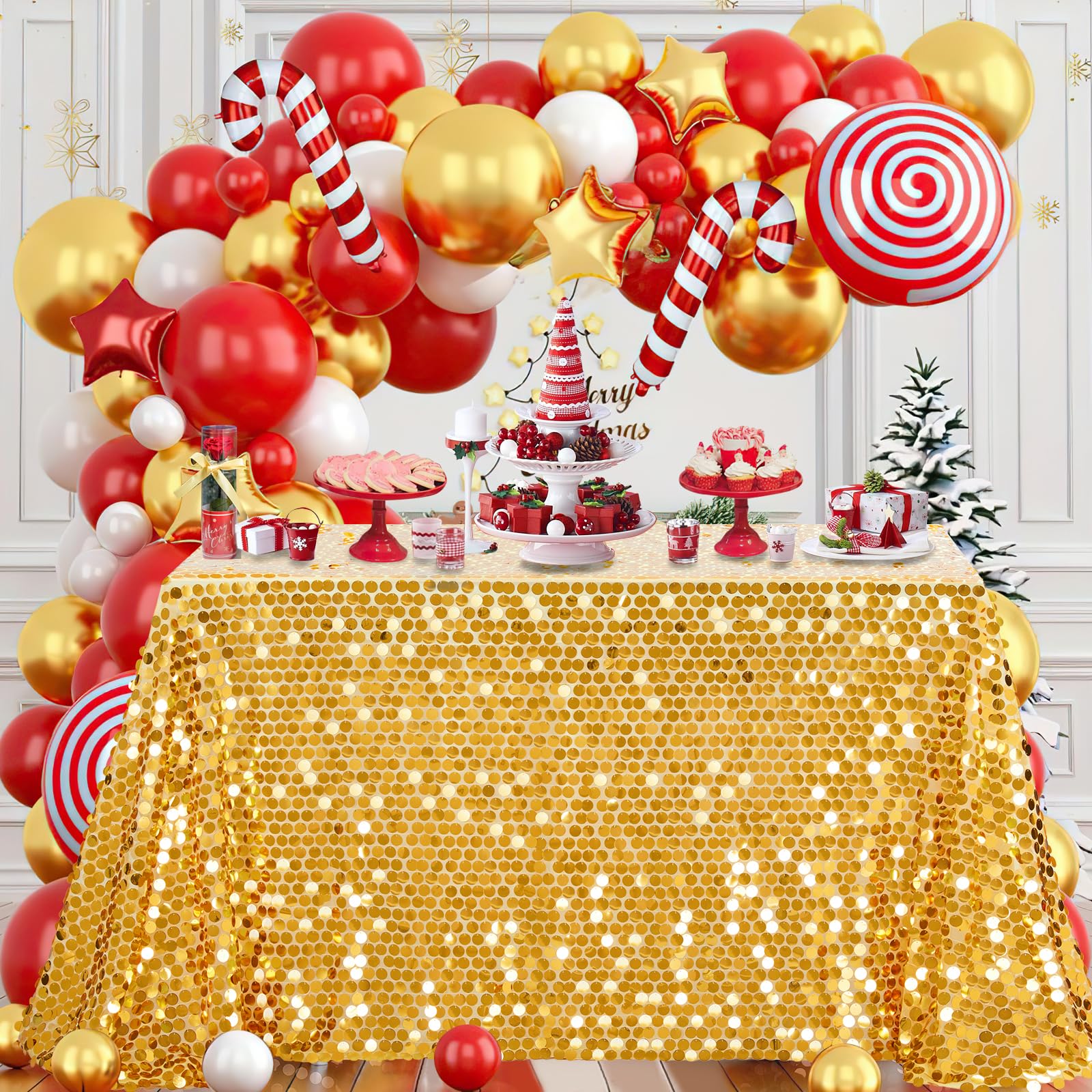 Photo 1 of **NO BALLOONS**
*look at pic* B-COOL Gold Sequin Tablecloth Party Glitter Christmas Table Cloth Big Payette 50x102 Inches Table Overlays for Birthday Holiday Baby Shower Anniversary Holiday Dinning Decoration