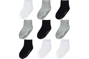 Toddler Socks with Grips (9 Pairs) for 0 Month - 7 Years Old, Mid-Crew Socks for Baby Boy Girl