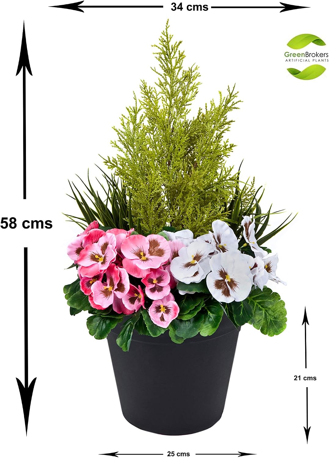 Artificial Pink and White Faux Silk Pansies with Grasses/Conifer Topiary in a Black Pot Patio Planter Ideal for Home Patio - Image 3