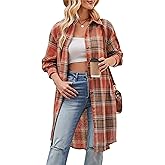 Zontroldy Women's Mid Long Casual Button Down Long Flannel Shirts Plaid Shacket Jacket with Pockets