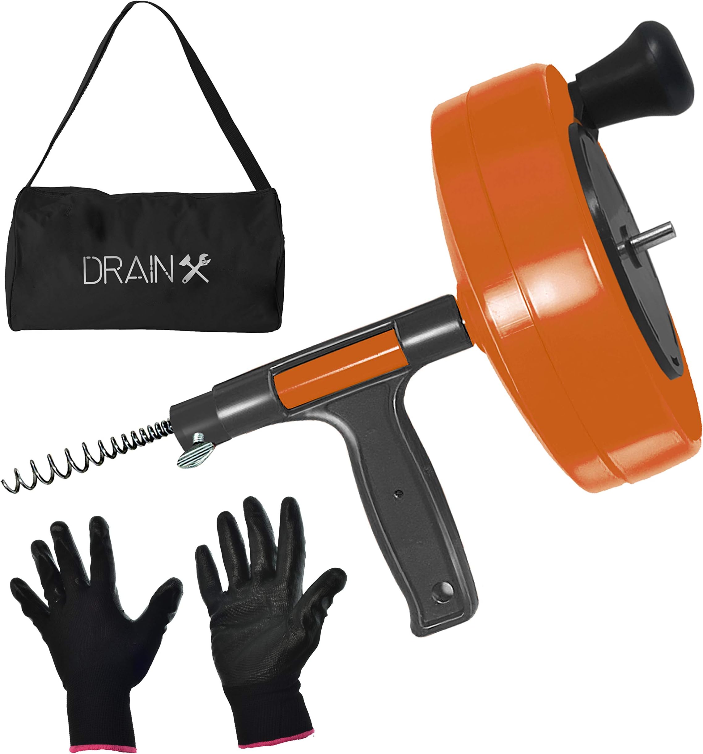 Drainx Power Pro 25-FT Steel Drum Auger Plumbing Snake with Drill Adapter | Heavy Duty Drain Snake Cable with Work Gloves and Storage Bag