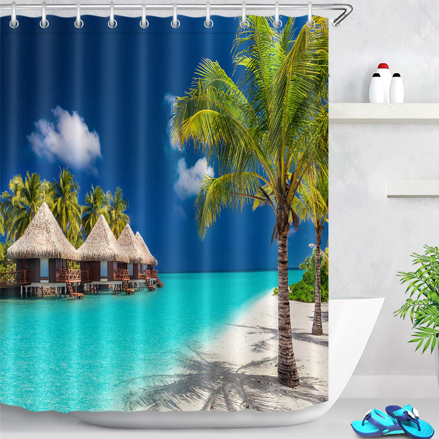 LB Tropical Beach Shower Curtain Palm Tree and Hut on Island Garden Shower Curtains Polyester Anti Mould Waterproof Bathroom Curtain with Hooks,59x71 inches