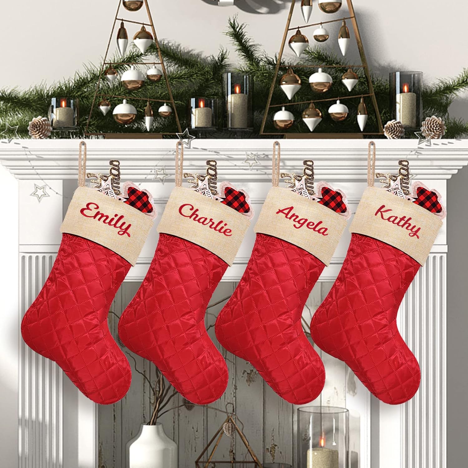 Stockings & Holders - ELEGANTPARK Personalized Christmas Stockings Set of 4 Cotton Quilted Large Luxury Burlap Embroidered Christmas Stocking for Xmas Holiday Fireplace Hanging Decoration Gifts for Family Kids Red