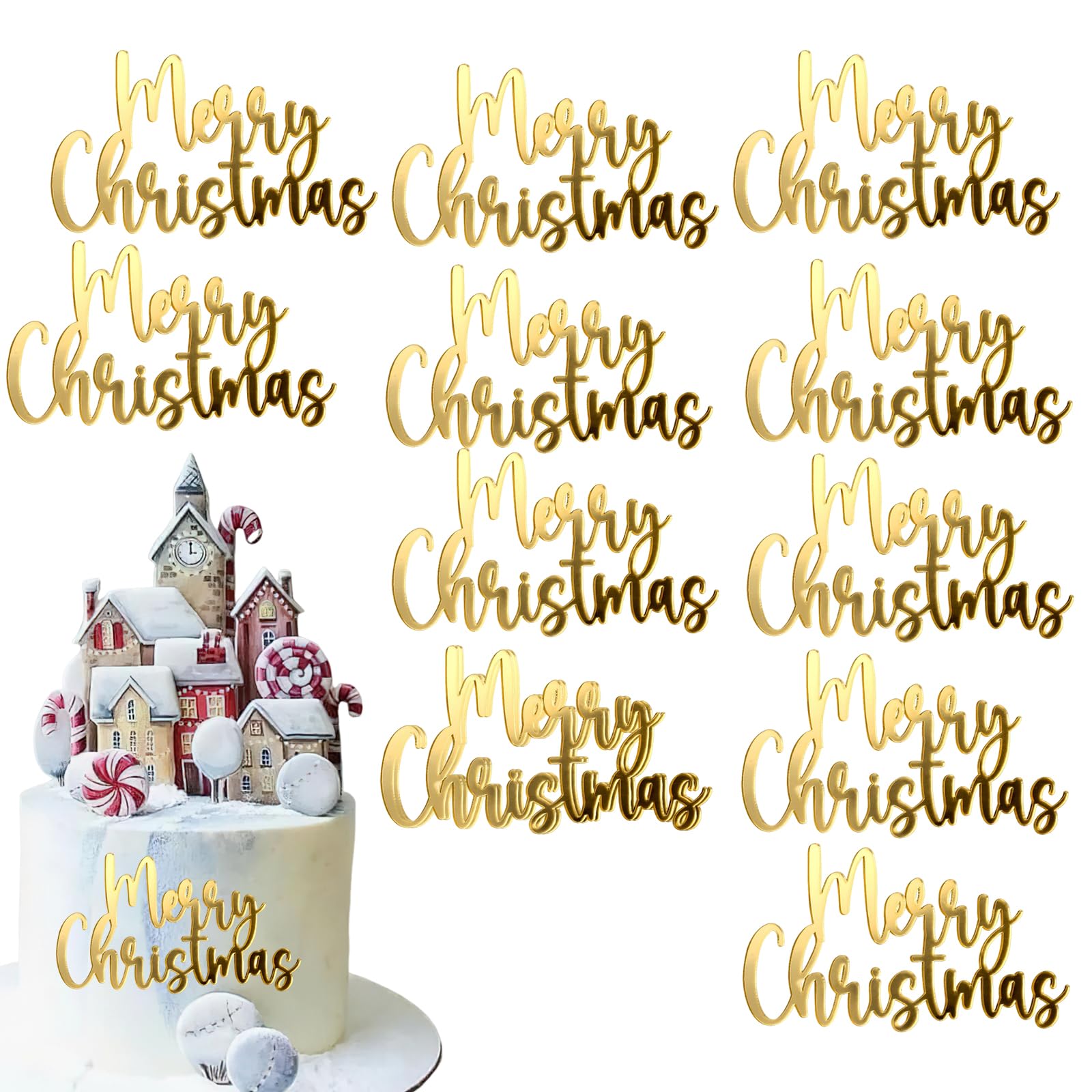 Photo 1 of 10 Pcs Merry Christmas Cake Toppers Acrylic Mirror Engraved Cake Decorations for Xmas Party Dessert DIY Decor Supplies Gold