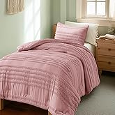 BEDELITE Boho Twin/Twin XL Comforter Set,Dusty Pink Tufted Striped Bed Set 2 Pieces, Soft Vintage Farmhouse Comforter for College, Boho Home Dorm Decor, Fluffy Jacquard Bedding with 1 Pillow Sham