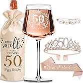 50th Birthday Gifts for Women Her - Elegant Decorations with Vintage Wine Glasses, Wine Bag, Birthday Sash, Crown,Rhinestone Birthday Tiara, Perfect for Women,Mom,Wife,Coworker,Best Friend,Sister