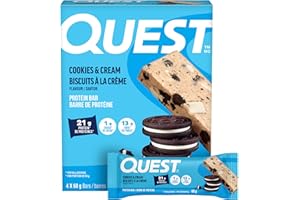 Quest Nutrition Cookies & Cream Flavour Protein Bar, High Protein, High Fibre, Low Sugar, Keto Friendly, 21g Protein, 1g Sugar, 4ct