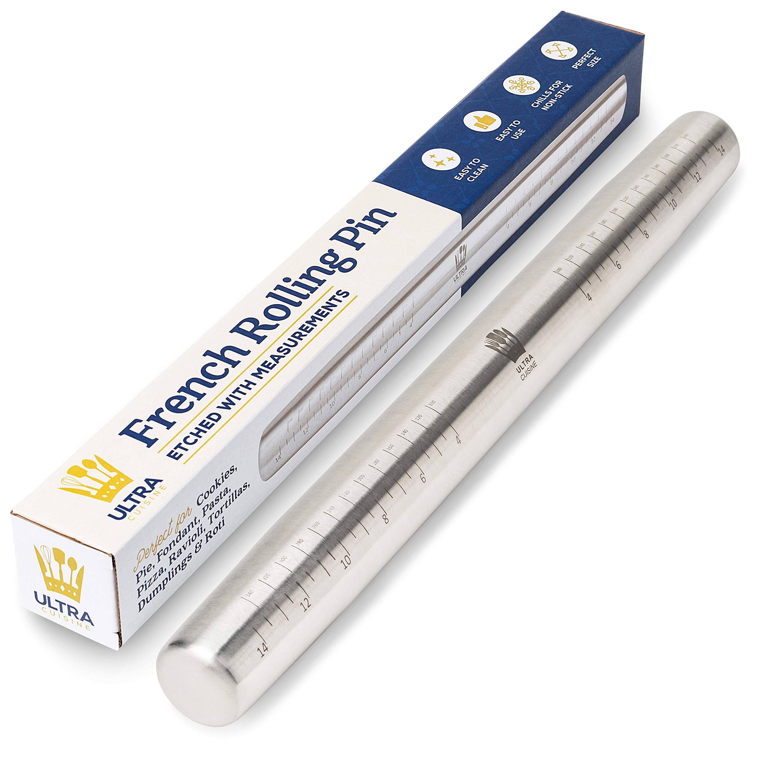 Dishwasher-Safe Professional French Rolling Pin Tapered with Measurements - 15.8-inch Professional Rolling Pin Fondant, Dumplings, Cookies, Pizza Dough, Pie Crust, Pastry - Metal French Rolling Pin