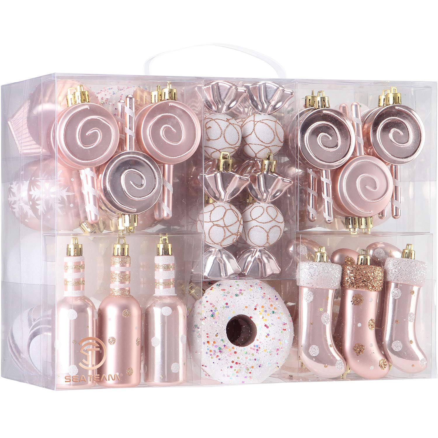 Sea Team 80-Pack Assorted Shatterproof Christmas Ball Ornaments Set Decorative Baubles Pendants with Reusable Hand-held Gift Package for Xmas Tree (RoseGold)