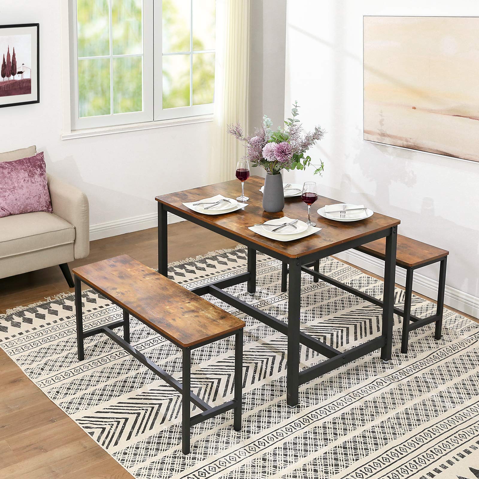 VASAGLE ALINRU Table Benches, Pair of 2, Industrial Style Indoor Benches, 42.5 x 12.8 x 19.7 Inches, Durable Metal Frame, for Kitchen, Dining Room, Living Room, Rustic Brown UKTB33X