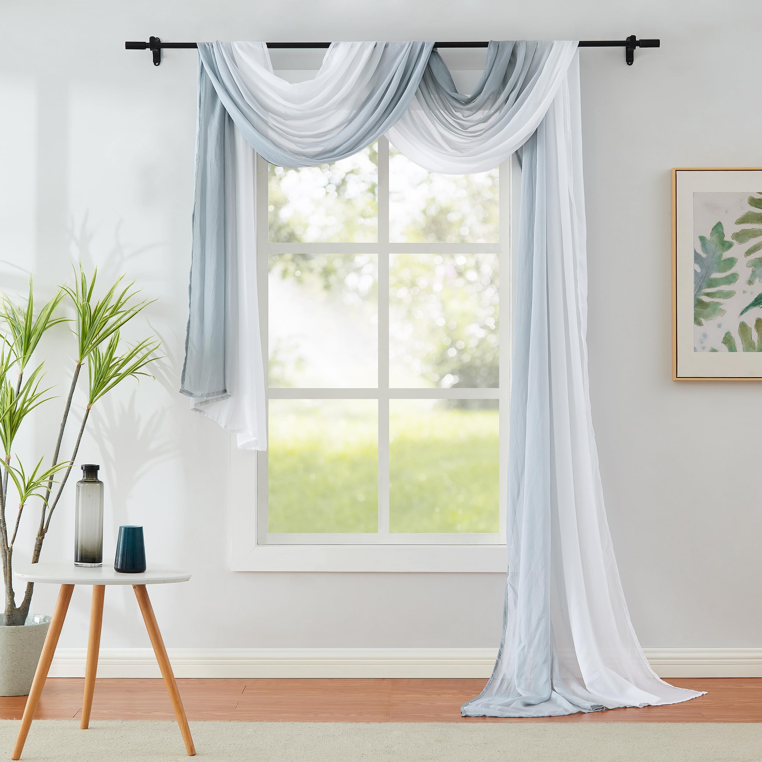 Photo 1 of 1 Piece Ombre Chiffon Sheer Window Scarf Valance Curtain 18ft for Living Room Bedroom Decor, 216 Inch Long Crinkle Soft Window Sheer Voile Valance for Holiday, Wedding Party Decor, Grey, 52"W