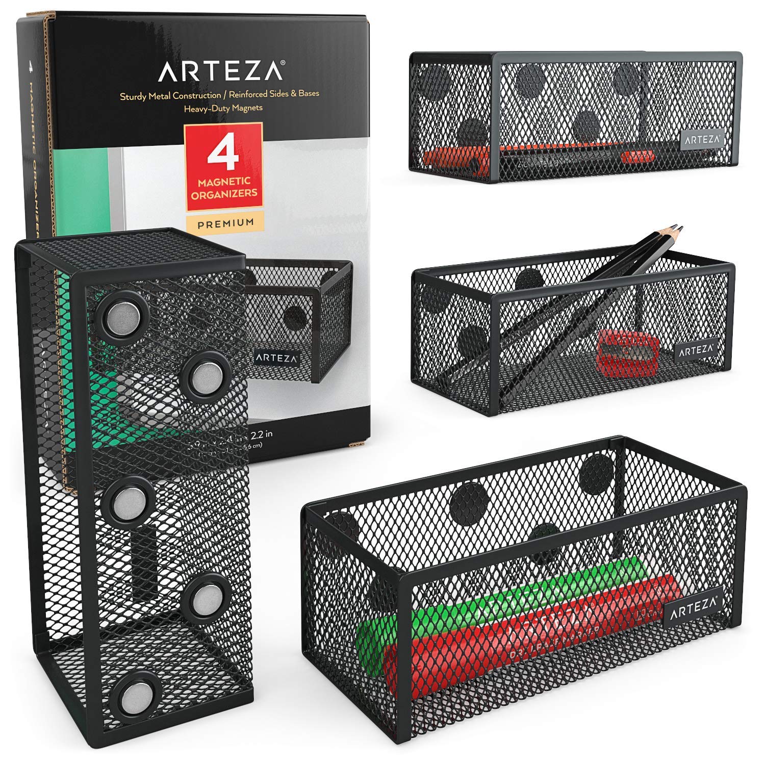 Arteza Mesh Magnetic Basket Organizers, Set of 4 Mesh Storage Baskets for Holding & Organizing Pencils, Pens, Office & Art Supplies