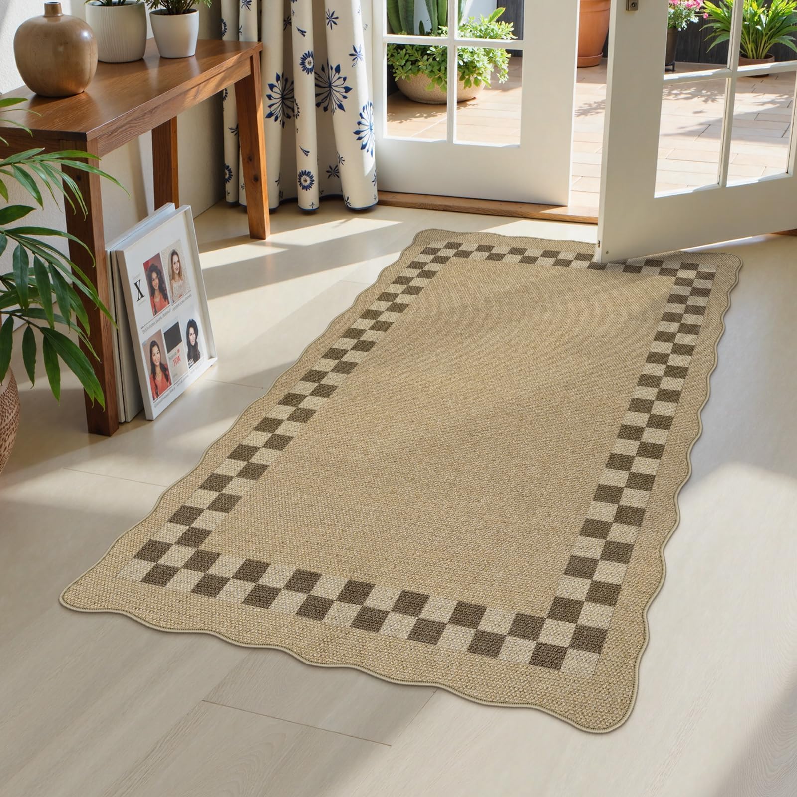 Photo 1 of LIVEBOX Scalloped Easy Jute Checkered 3x5 Rug, Washable Non-Slip Tan Rugs for Entryway, Geometric Indoor Outdoor Farmhouse Rug Boho Morden Carpet Door Mat Area Rug for Bedroom Living Room
