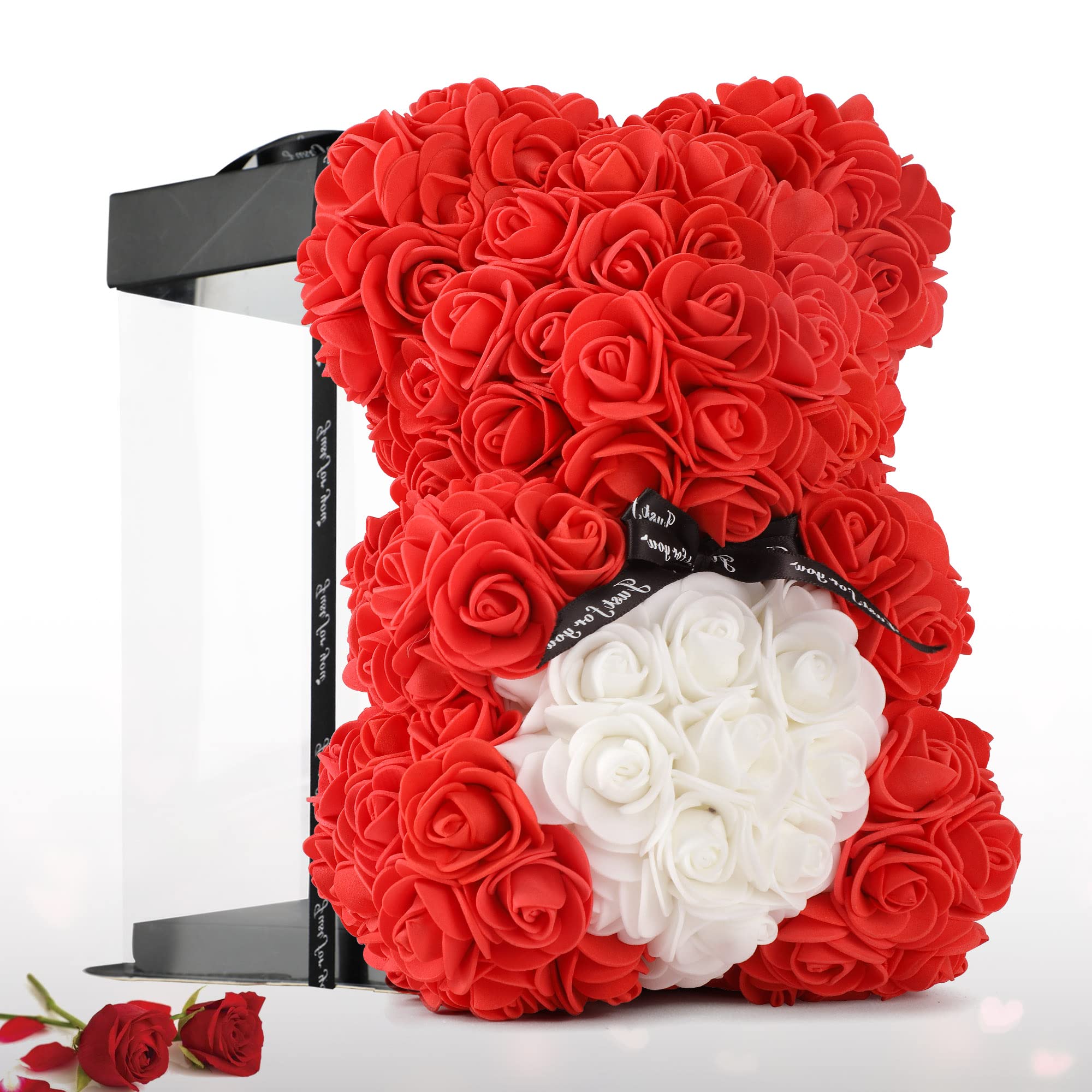 Rose Bear Rose Teddy Bear -10 inch Artificial Rose Flower Bear, gift for her, gift for women, unique gifts, Including Transparent Gift Box (red, 10in)
