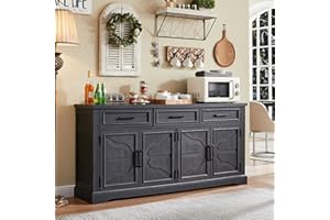 JXQTLINGMU 66" Large Buffet Sideboard Cabinet with 4 Doors and 3 Drawers, Buffet Table Coffee Bar Wine Bar Storage Cabinet for Dining Room, Living Room, Cool Black