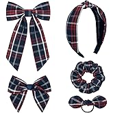 DEEKA 5 Styles Uniform Long Tail Hair Bows Knotted Headband Scrunchies Bow Set Alligator Clips Back to School Accessories for Toddler Little School Girls (Dark Navy&Red 5 Styles)