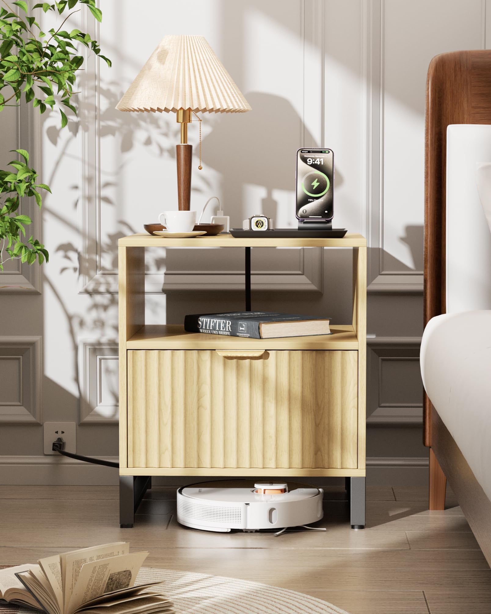 Photo 1 of ***FACTORY SEALED***Fluted Night Stand with Charging Station, Wood Nightstand with Large Drawer and Open Storage Cabinet, Mid-Century Modern Bedside Table End Table for Bedroom Closet Office